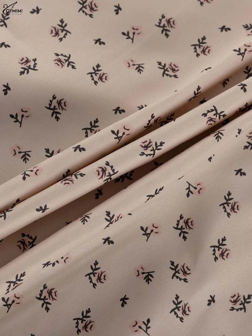 Oymimi Casual Apricot Print 2 Pieces Set For Woman Elegant Long Sleeve Button Ruffled Shirts And High Waist Side Slit Skirts Set