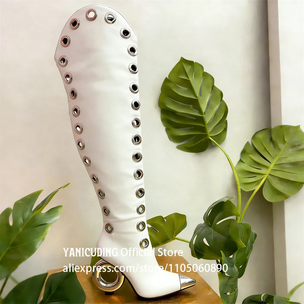 Metal Eyelet Pointed Toe Over The Knee Boots for Women