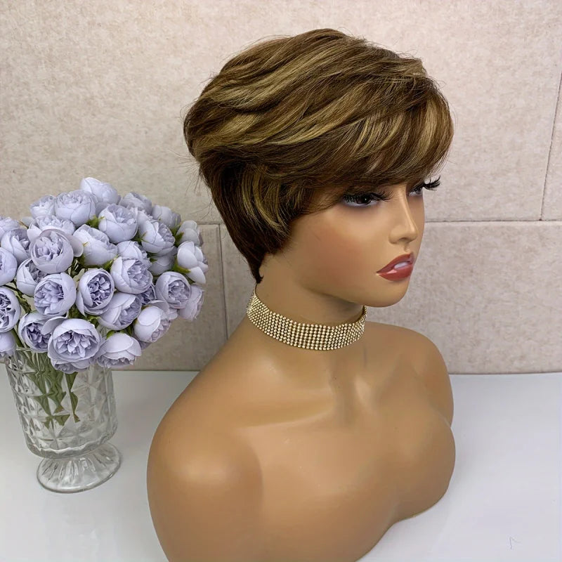 Pixie Cut Wig With Bangs Short Straight Mixed Color Remy Brazilian Human Hair Full Machine Made wig