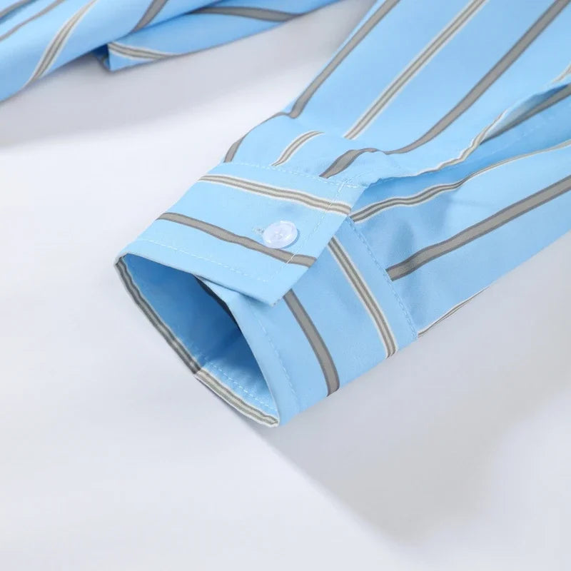 Blue Striped Puff Shoulder Shirt And Pants Set For Women
