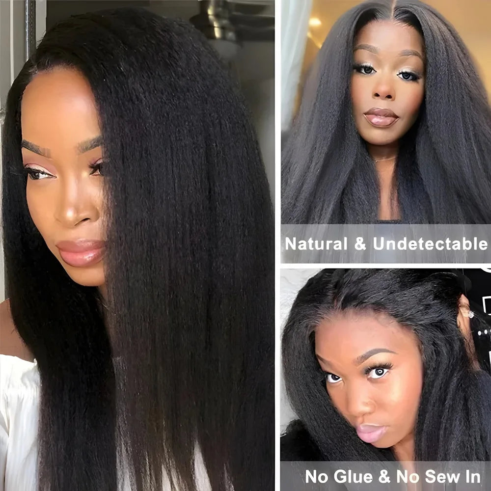 Seamless Kinky Straight V Part Glueless Human Hair Wig For Women