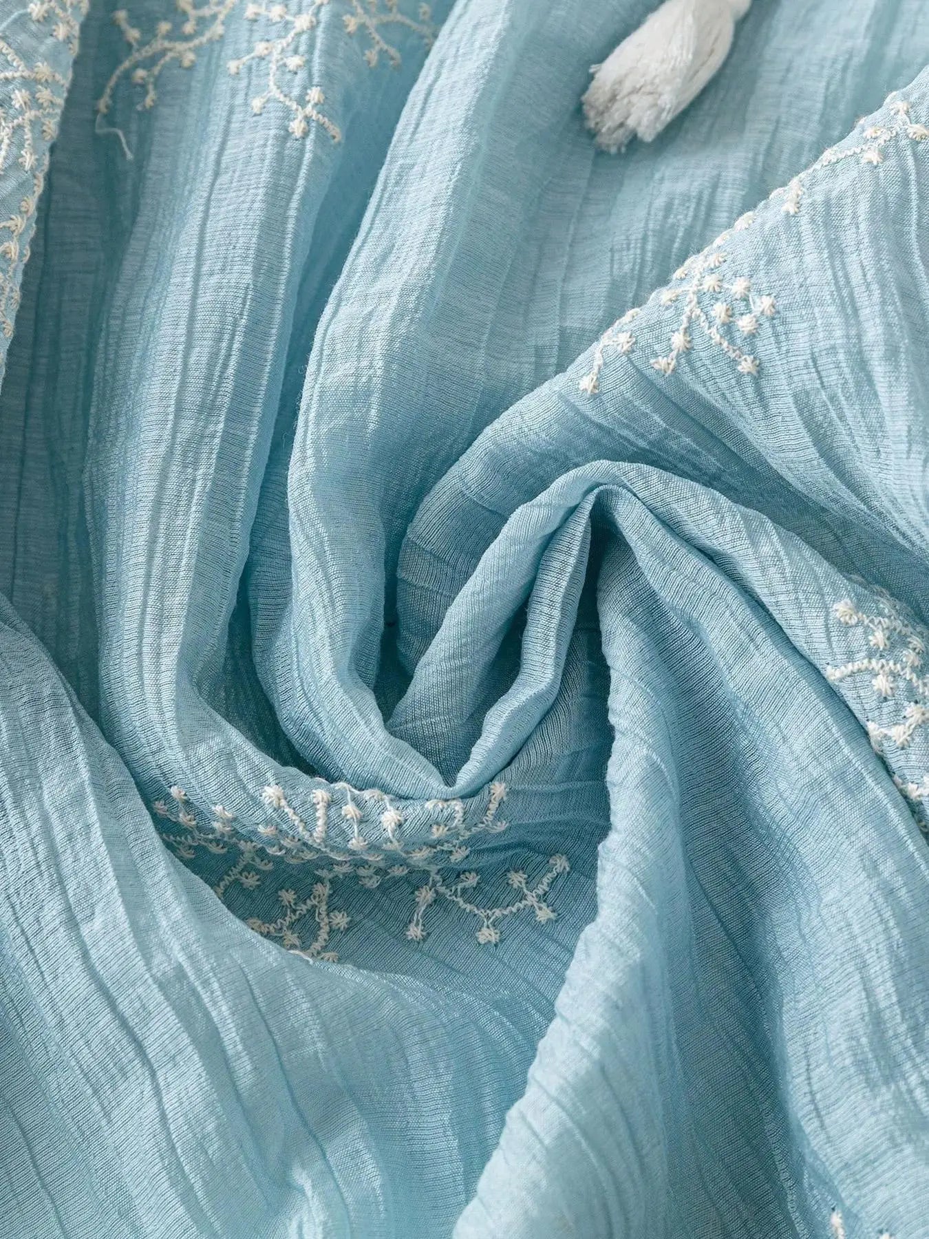 【Plus Size】 Embroidery Tie Neck Blouse, Boho Casual Bishop Sleeve Top for Daily Holiday Vacation Wear, Women Plus Clothing for A