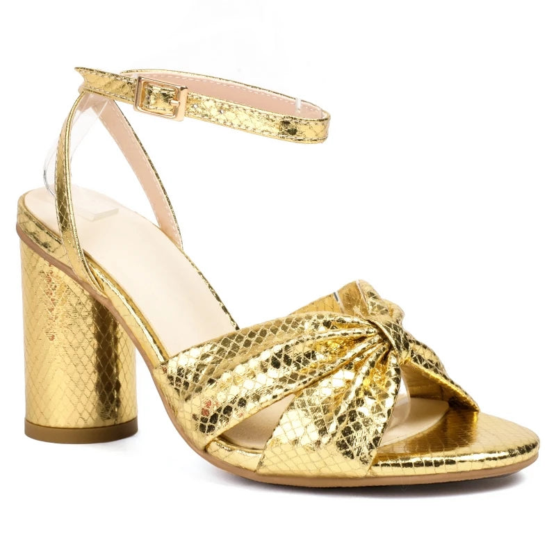 Metallic Block Heel Ankle Strap Sandals