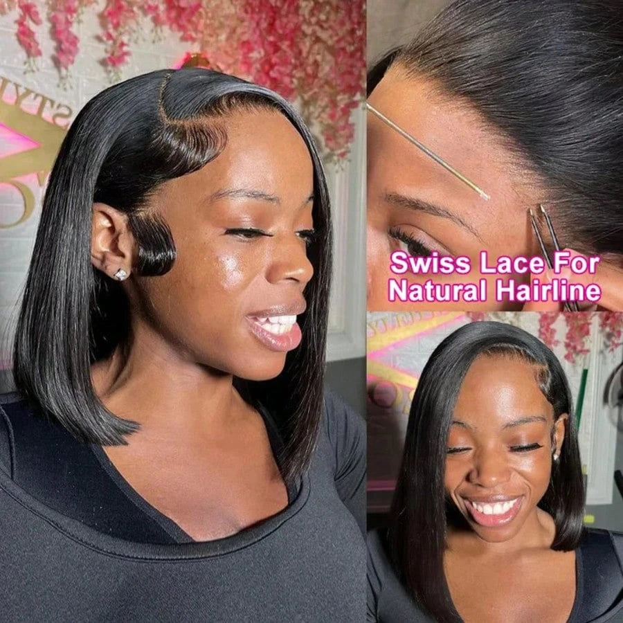 Short Bone Straight Human Hair Lace Front Bob Wig for Women
