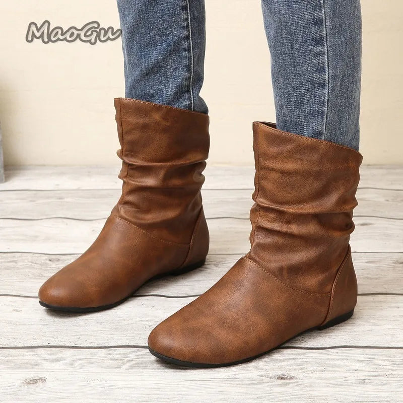 Modern Pleated Leather Square Heel Boots For Women