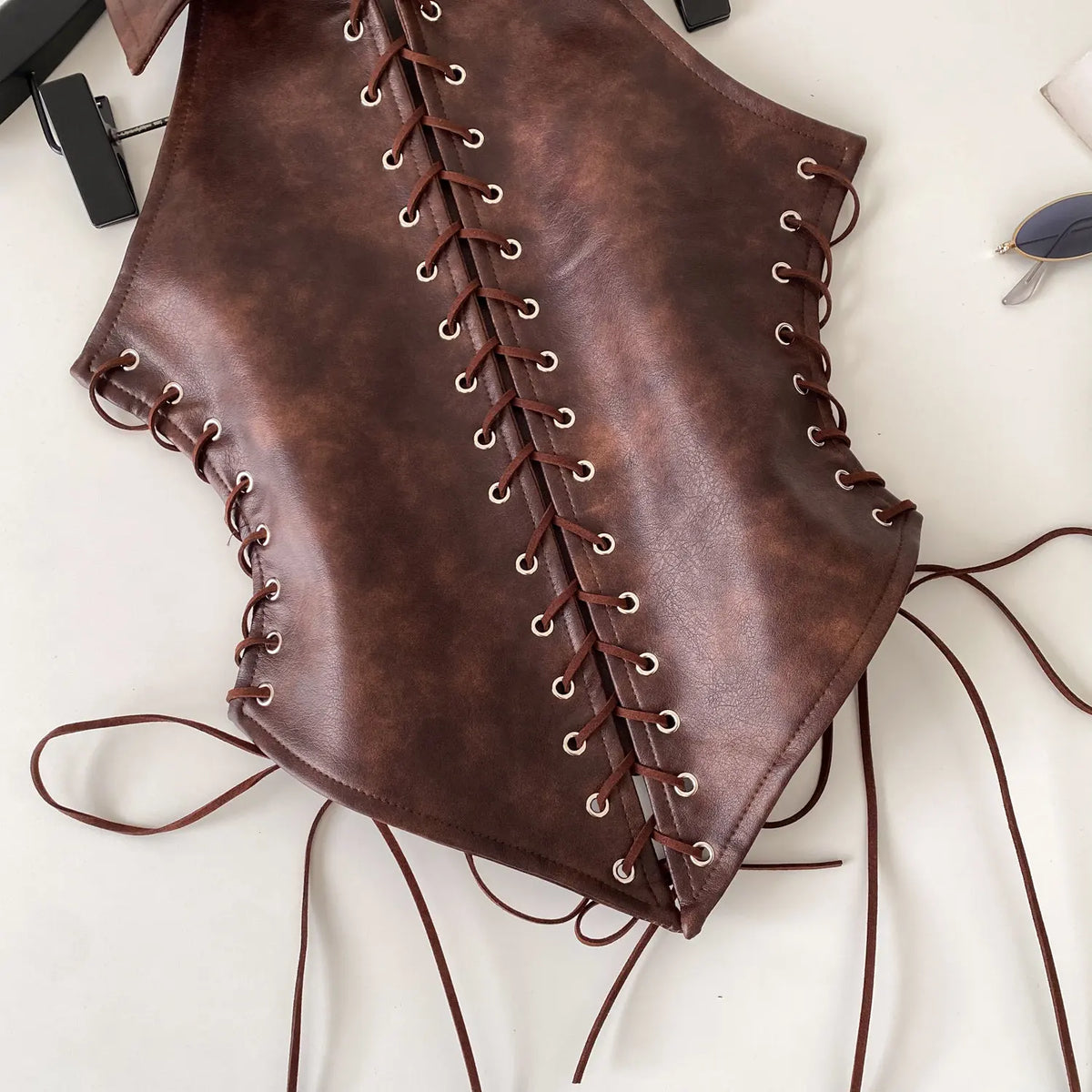 Retro Lace Up Faux Leather Sleeveless Bustier Top for Women