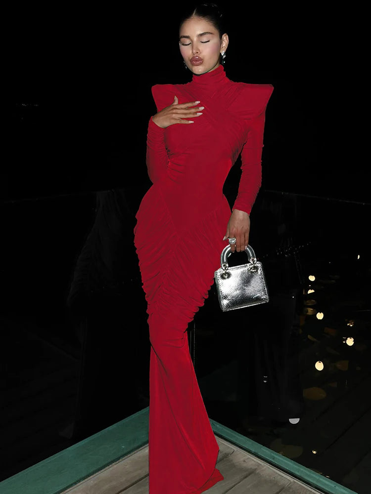 Elegant Ruched Backless Turtleneck Maxi Dress for Women