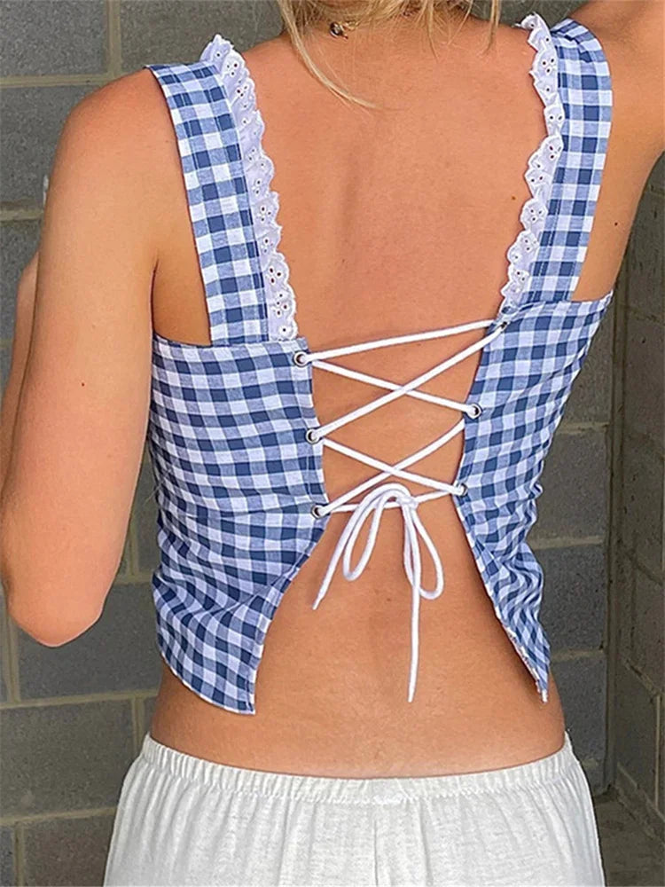 Retro Plaid Button Down Lace Trim Sleeveless Tank Top for Women