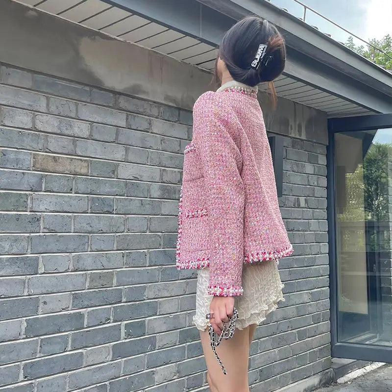 Elegant Pink Long Sleeve Jacket With Pockets for Women