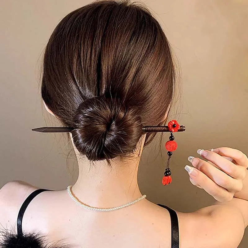 Red Floral Wooden Hanfu Hair Stick