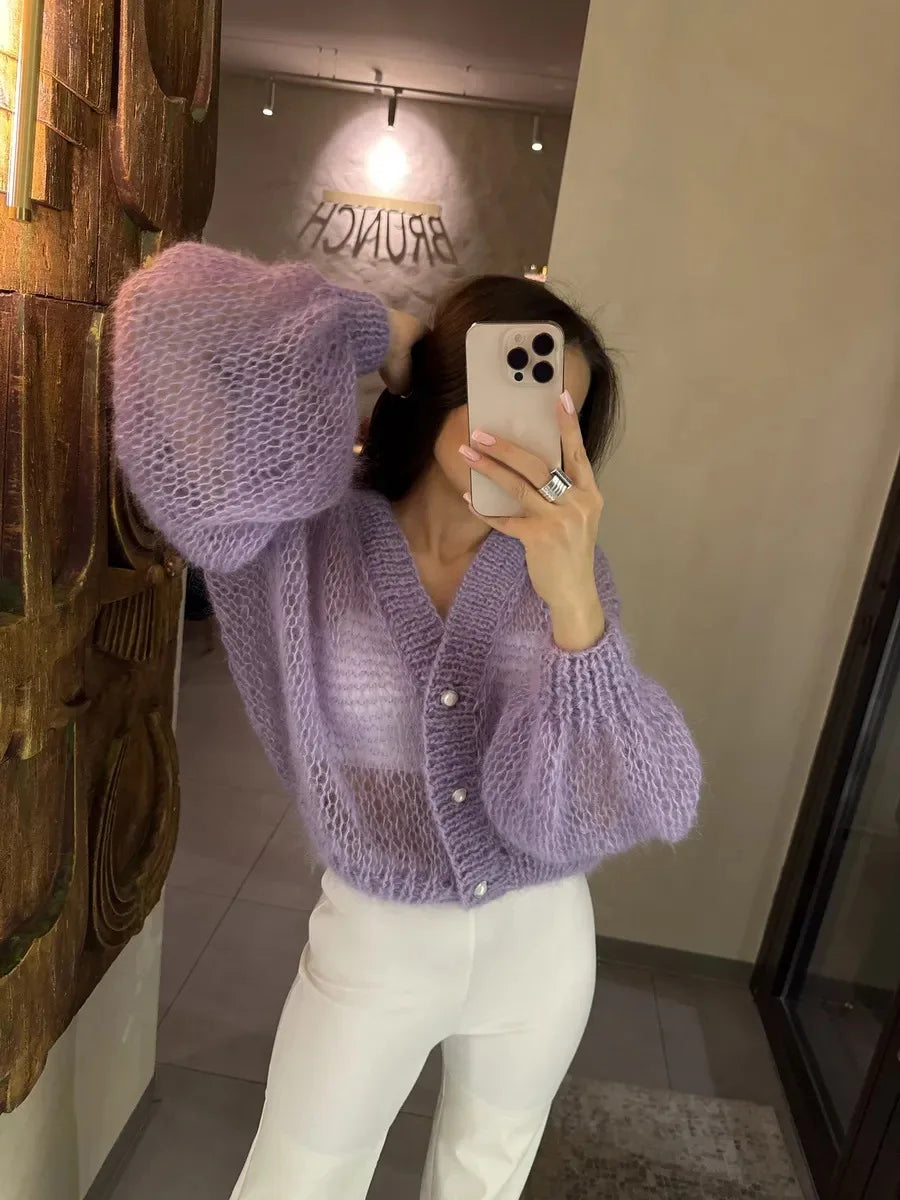 Loose Fit Open Knit V Neck Cardigan Sweater for Women