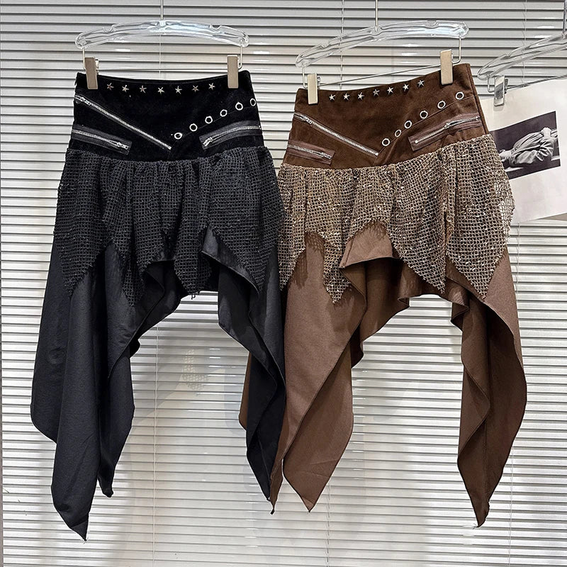 Irregular A Line Patchwork And Zipper Midi Skirt For Women