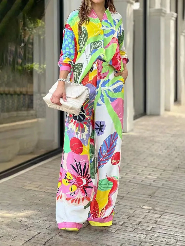 Loose Printed Shirt And Wide Leg Pants Set for Women