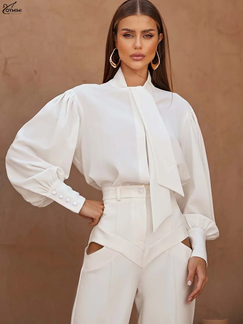 Oymimi Fashion White Lace-Up Neck Women's Shirt Casual Long Sleeve Single Breasted Blouses Elegant New Solid Loose Blouses 2025