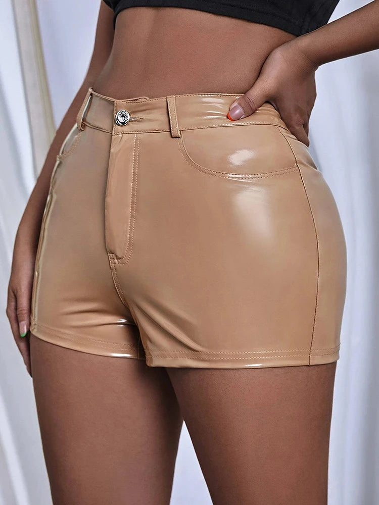 High Waist Shiny Faux Leather Shorts With Side Pockets For Women