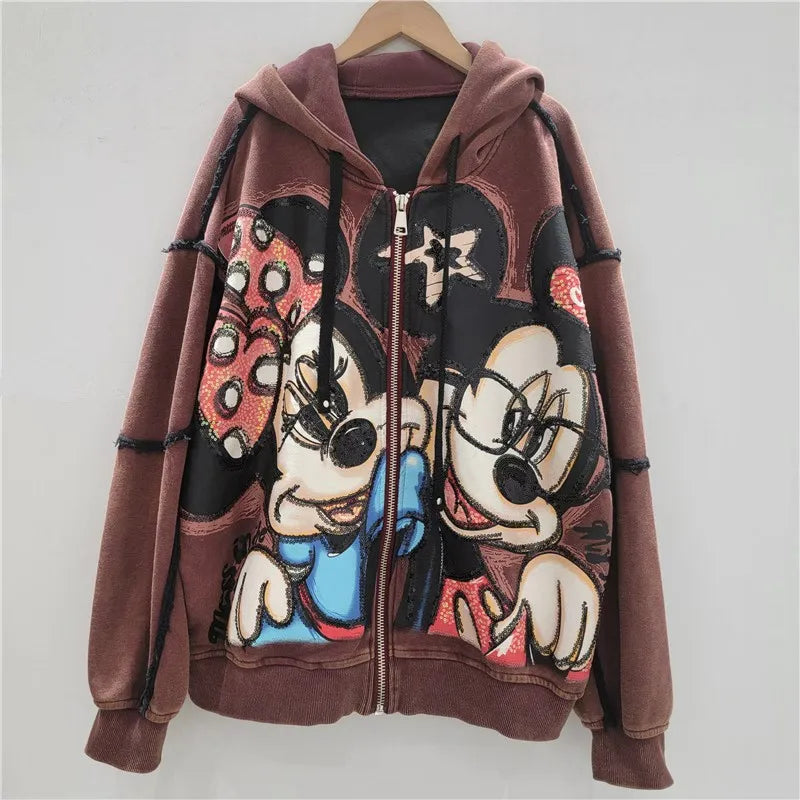 Autumn New Heavy Embroidery Cartoon Loose Coat Fashion Age-Reducing Hooded Jacket Zipper Long Sleeves Tie Top Outerwear Ladies