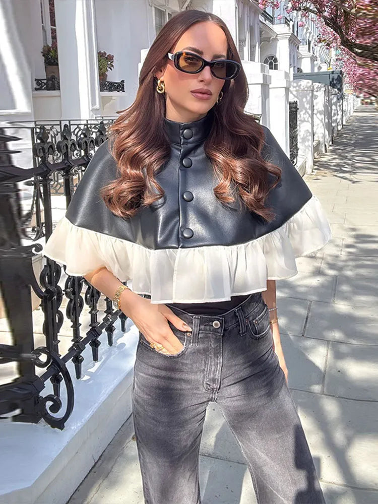 Elegant Mesh Patchwork Short Cape Coat With Stand Collar for Women
