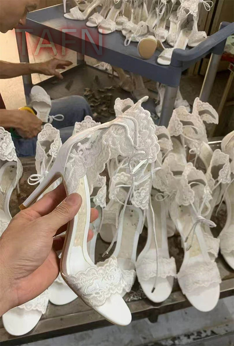 White Bridal Lace Up Open Toe Heeled Sandals for Women