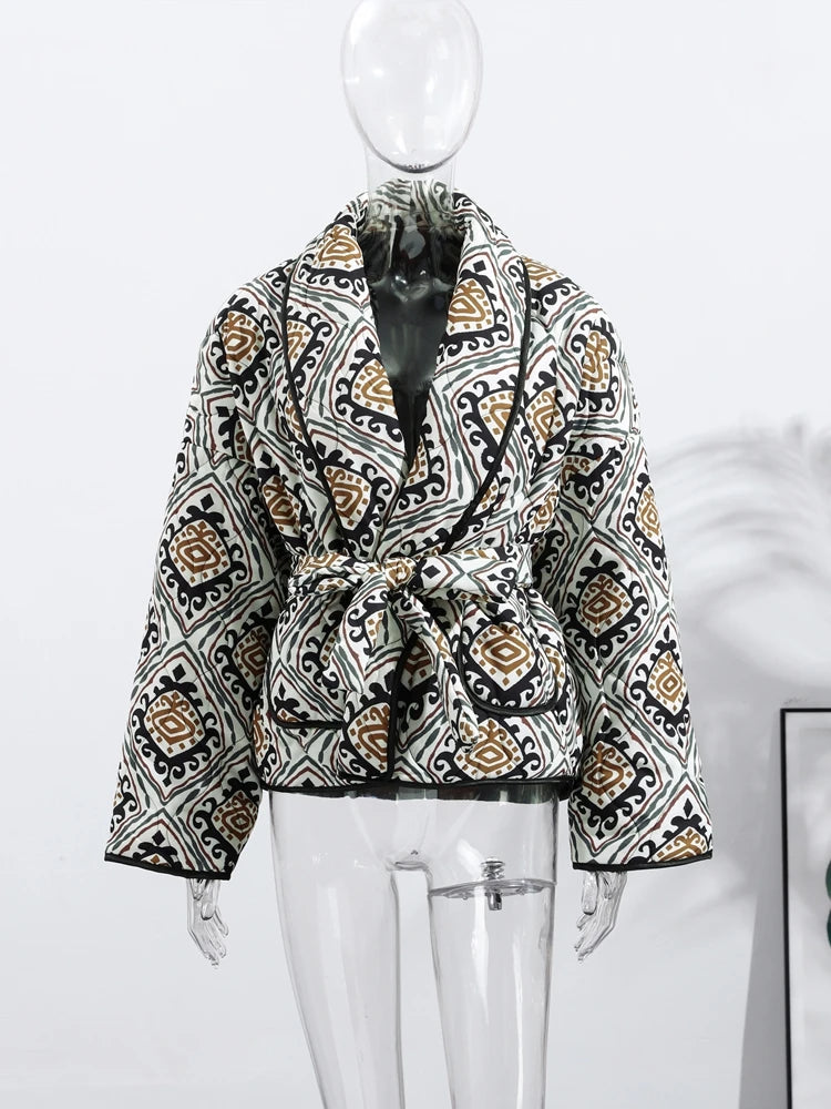 Printed Cotton Padded Winter Coat with V Neck for Women