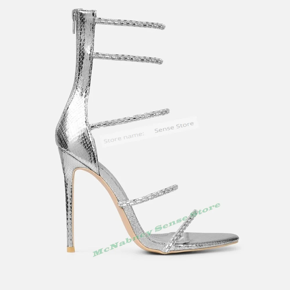 Crystal Open Toe Back Zipper Thin High Heel Sandals For Women