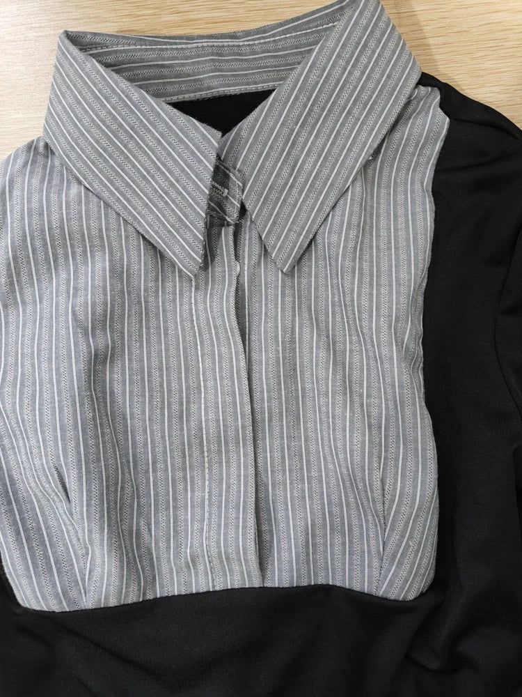 Fashion Cute Preppy Style 2 Two Piece Set Women Outfit Polo-Neck Button Stripe Print Patchwork Shirt and Mini Pleated Skirt Sets