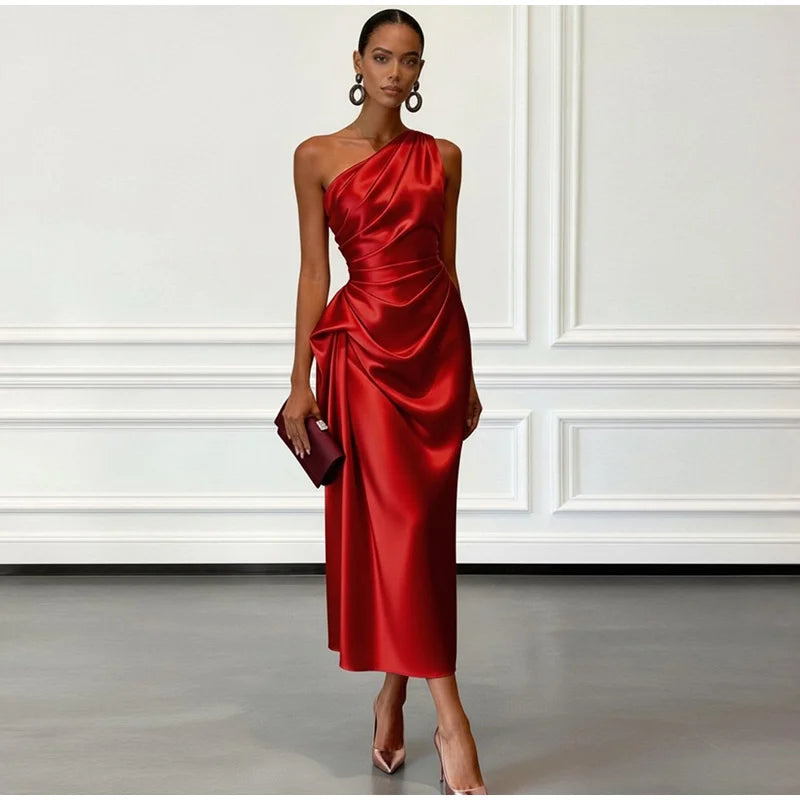 Charming One Shoulder Ruched Waist Satin Midi Dress For Women