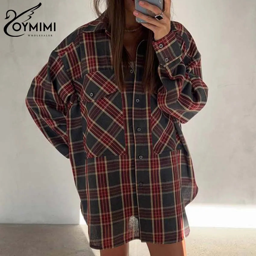 Oymimi Fashion Red Plaid Print Women's Shirt Elegant Long Sleeve Pockets Blouses Casual New Lapel Single Breasted Shirts Female