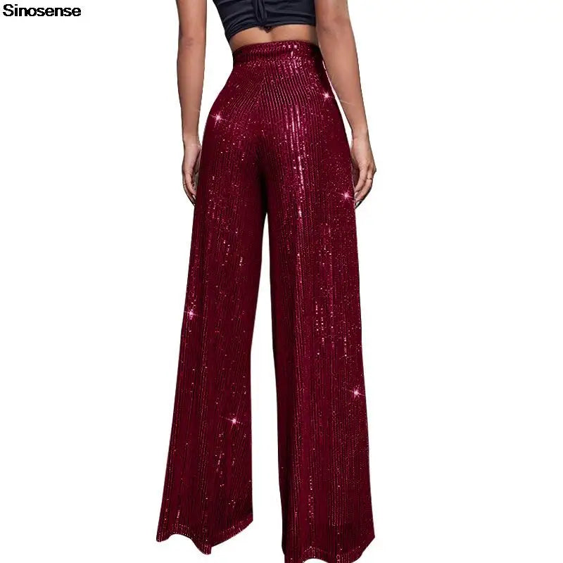 High Waist Sparkle Sequin Wide Leg Pants for Women