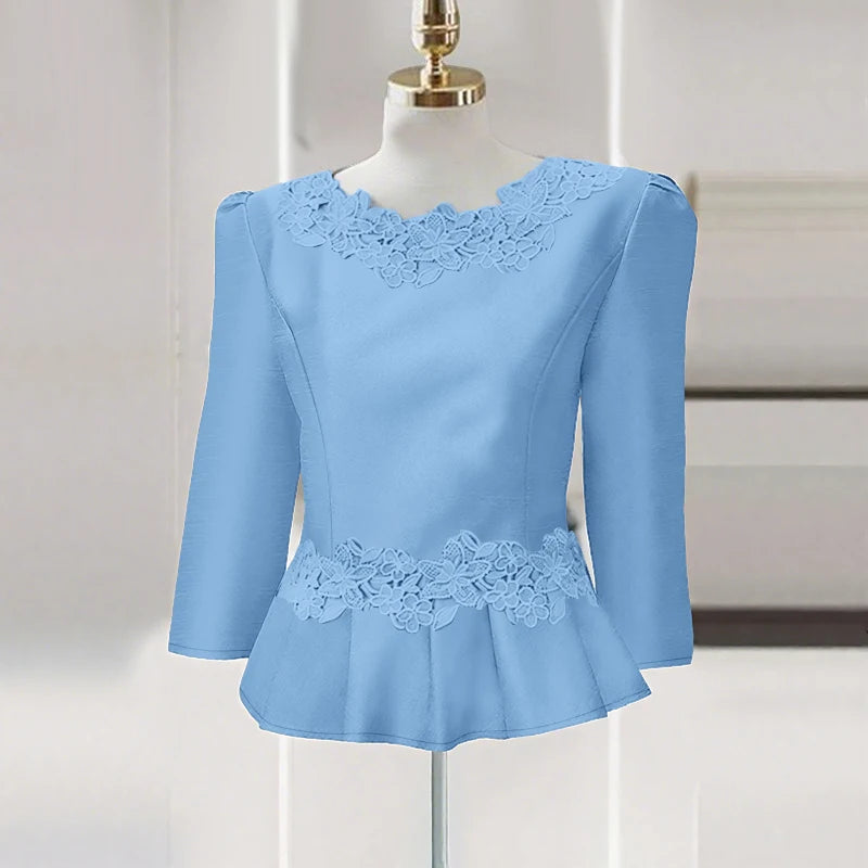 Lace Patchwork Three Quarter Sleeve Peplum Blouse for Women