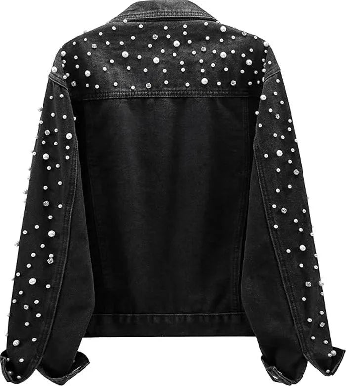 Pearl Beaded Lapel Long Sleeve Denim Jacket for Women
