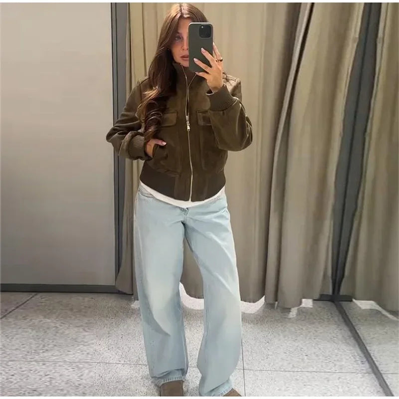 Vintage Suede Long Sleeve Jacket with Pockets for Women