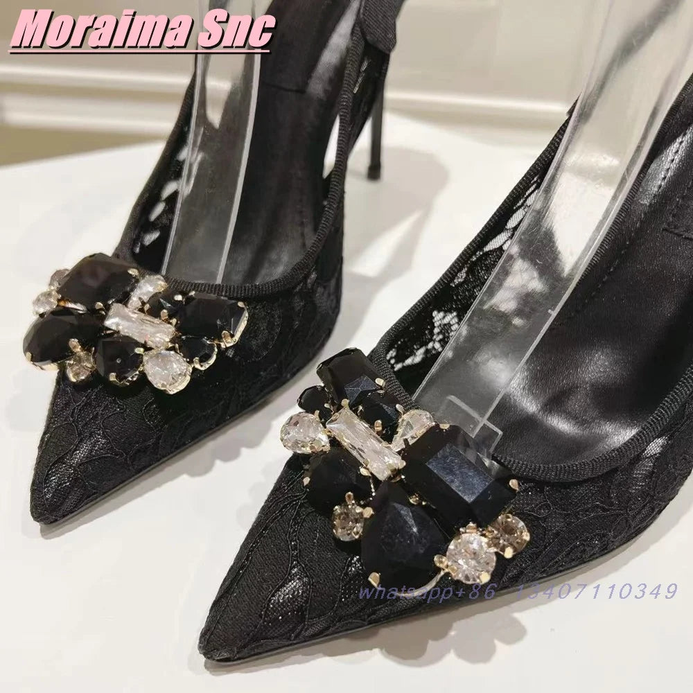 Elegant Crystal Lace Pointed Toe Slingback Sandals for Women