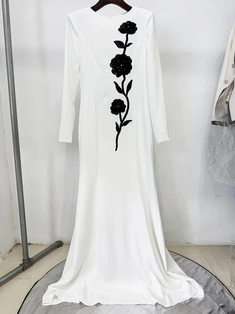 HIGH STREET Newest Fashion 2025 Designer Women's Long Sleeve Flowers Beaded Elegant Maxi Long Dress