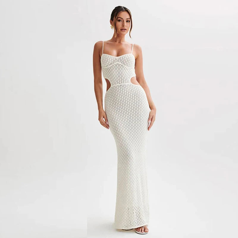 2024 Sexy See-through V Neck Cut Out Knit Beach Maxi Dress Summer Women's Holiday Elegant Outfit Swimsuit Cover Up Tunic A3094