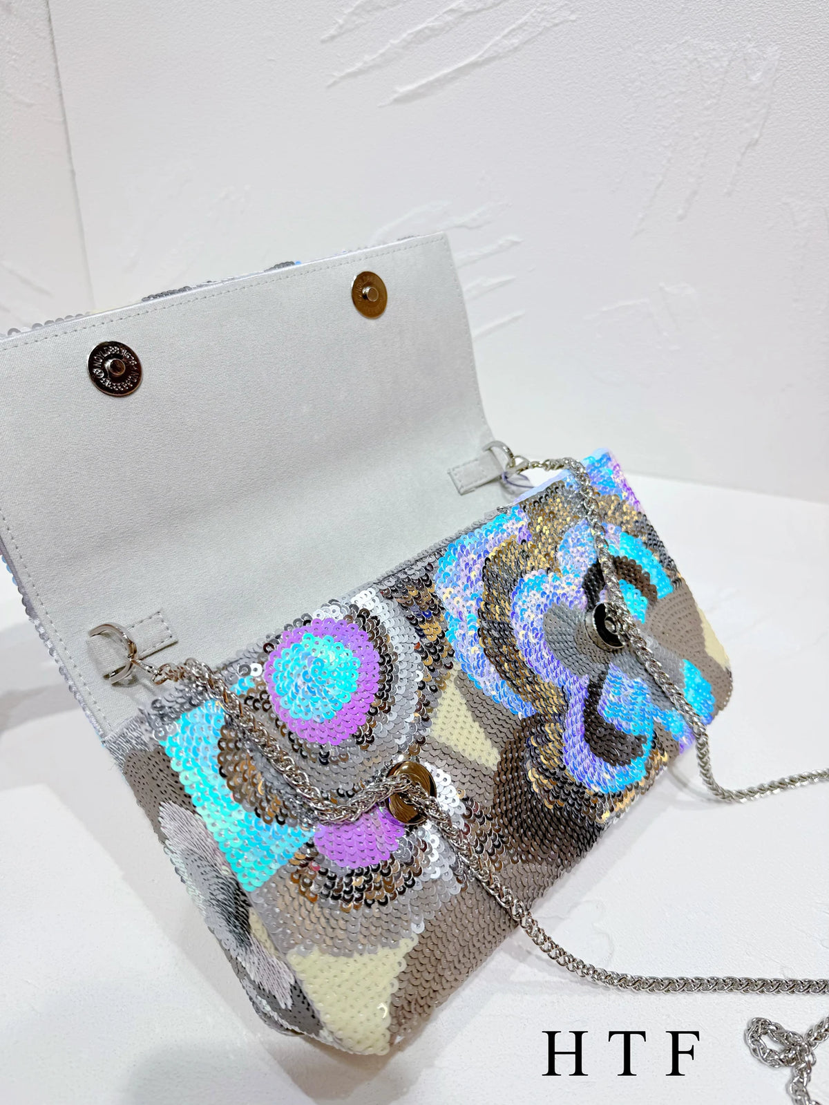 Sequin Floral Embroidered Clutch Bag With Chain for Women