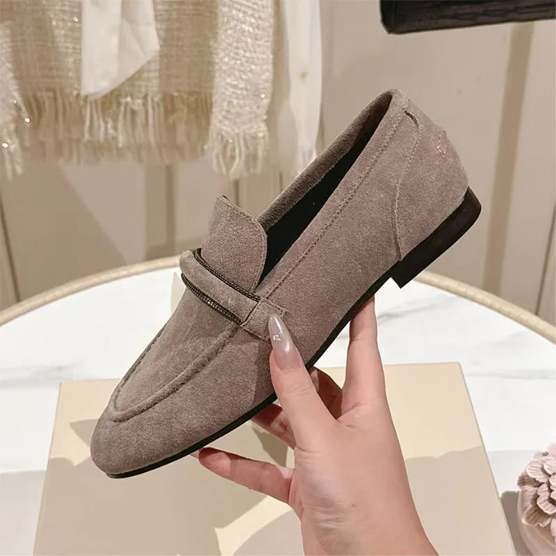 Classic Suede Leather Round Toe Loafers for Women