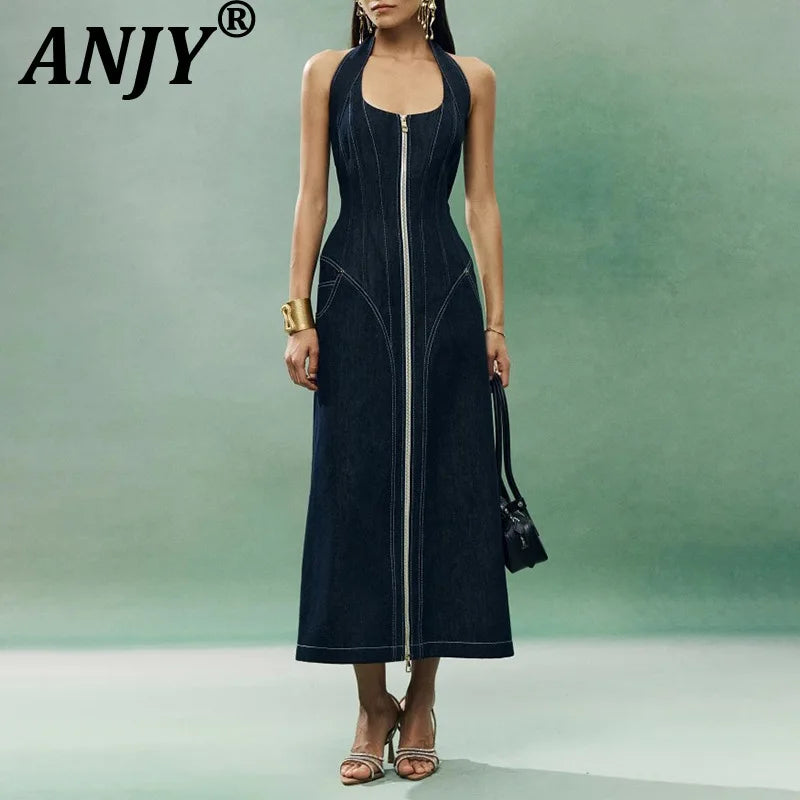 ANJY Summer New Women's Tide High Street Y2K Chic Trendy Sleeveless Halter Neck Backless Waist Cinching Zipper Denim Dress A8053