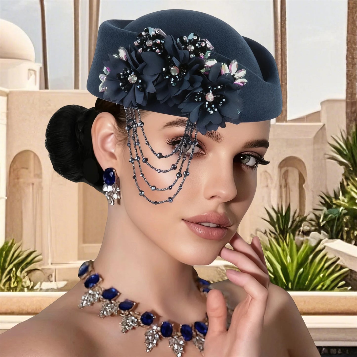 Retro British Beret With Floral Rhinestone Decor For Women