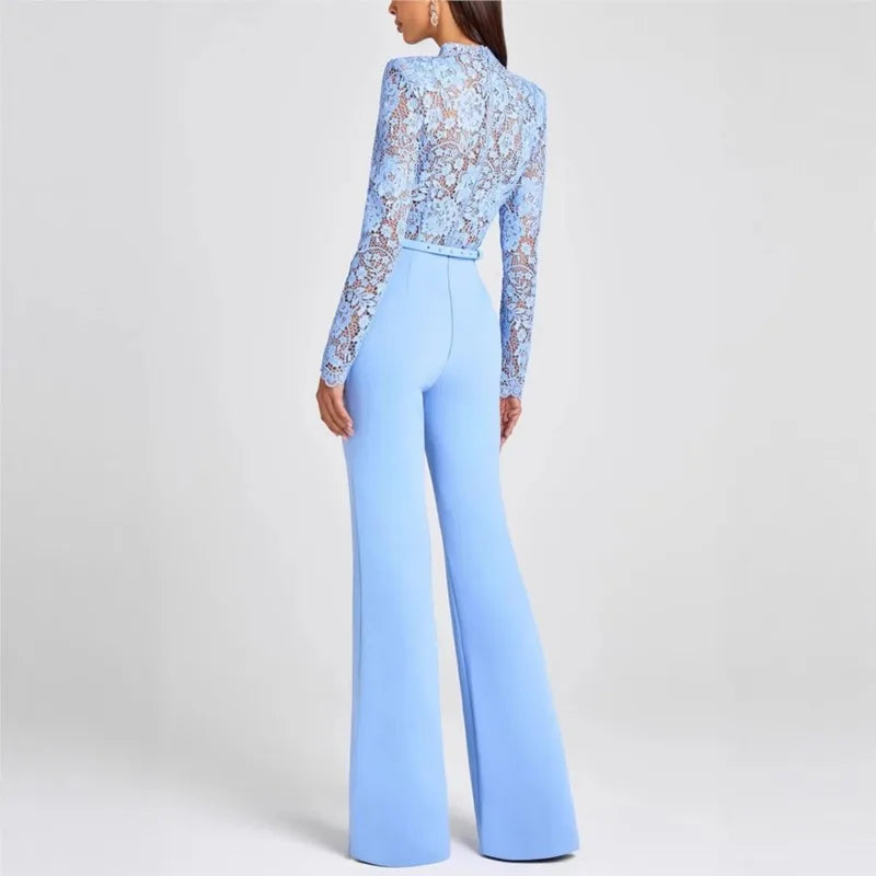 Embroidery Lace Blue Jumpsuits Women Sexy Slim Long-sleeved Belt High Waist Jumpsuit Female 2025 Casual Lady Party Jumpsuits