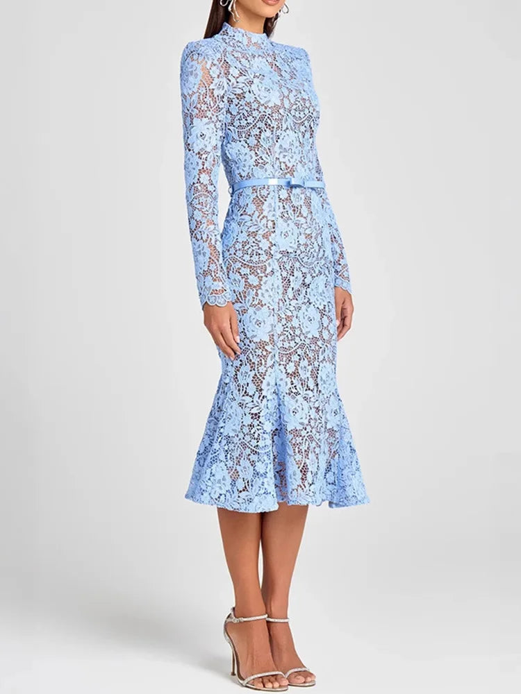 Holiday Round Neck Lace Mini Dress, Women Summer Solid Hollow Out High Street Party Dress, 2025 Full Sleeve Elegant Ladies Dress