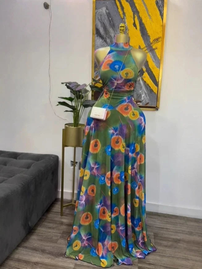 Elegant Printed Sleeveless With Sashes Maxi Dress for Women