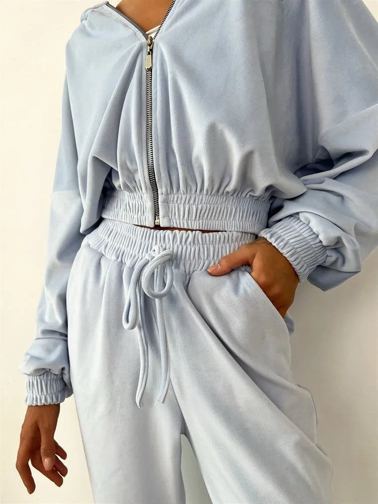 Hooded Zipper Hoodie and Trouser Tracksuit Set for Women