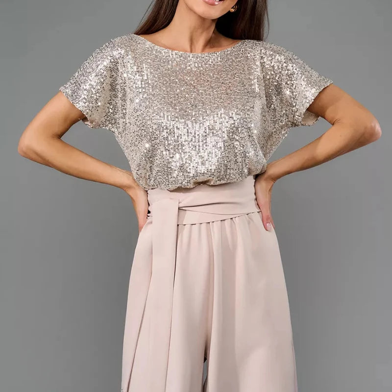Sequin Patchwork High Waist Jumpsuit with Short Sleeves for Women