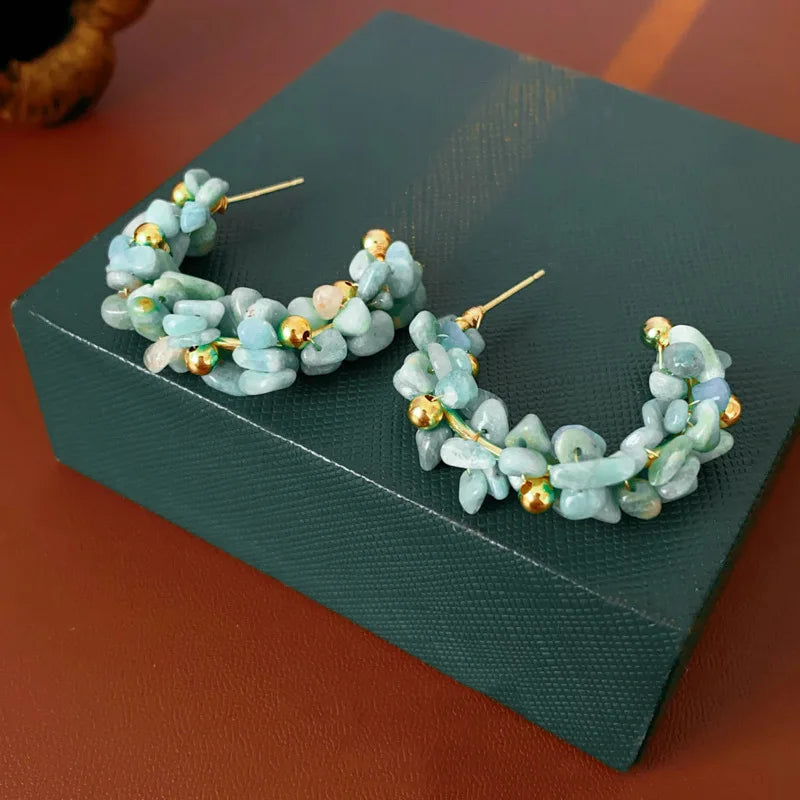 Navy Stone Irregular Hoop Earrings