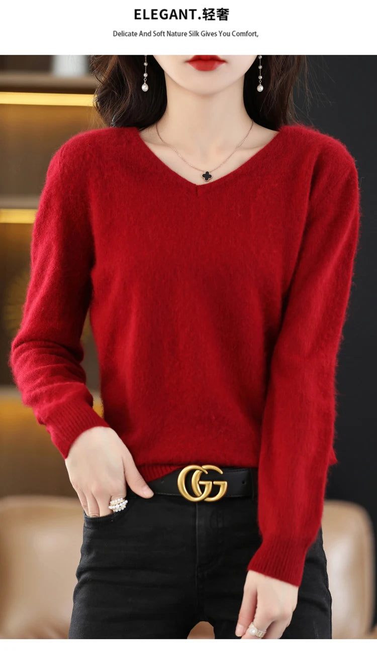 Soft Warm Loose Fit V Neck Cashmere Sweater for Women
