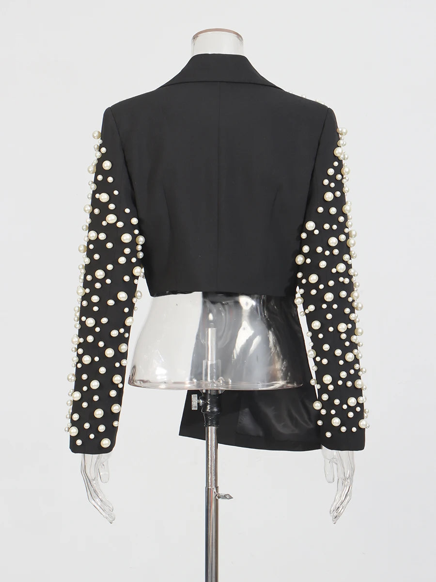 TWOTWINSTYLE Sexy Two Piece Sets For Women V Neck Long Sleeve Spliced Pearl Top High Waist Shorts Chic Set Female New KSE549891