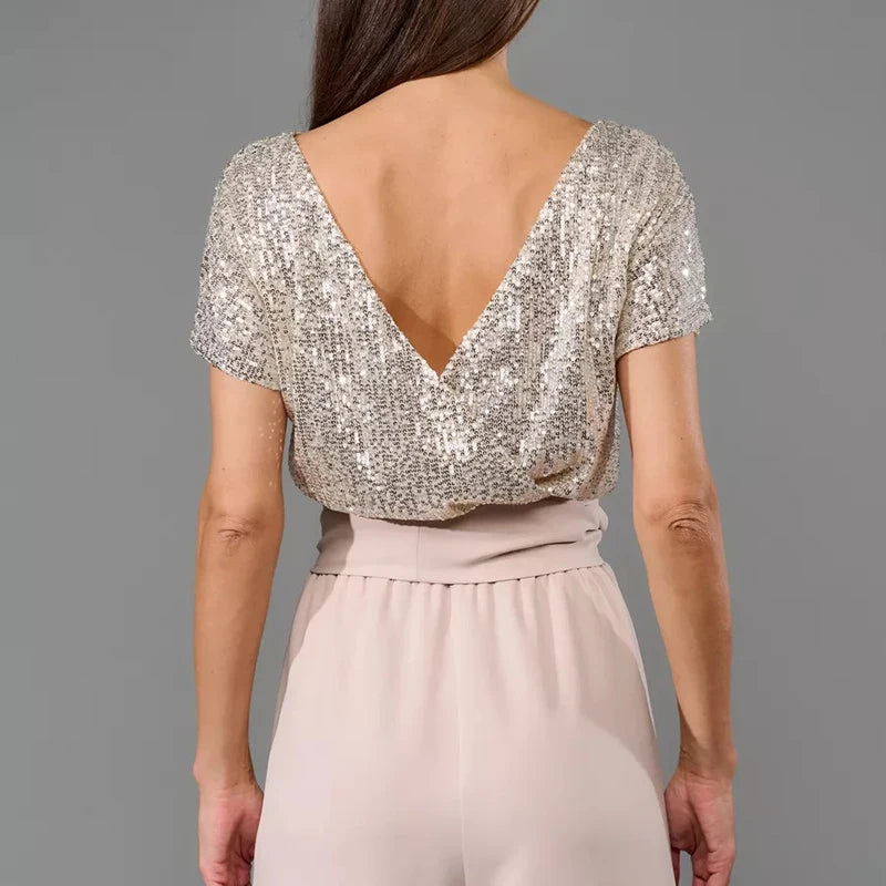 Sequin Patchwork High Waist Jumpsuit with Short Sleeves for Women