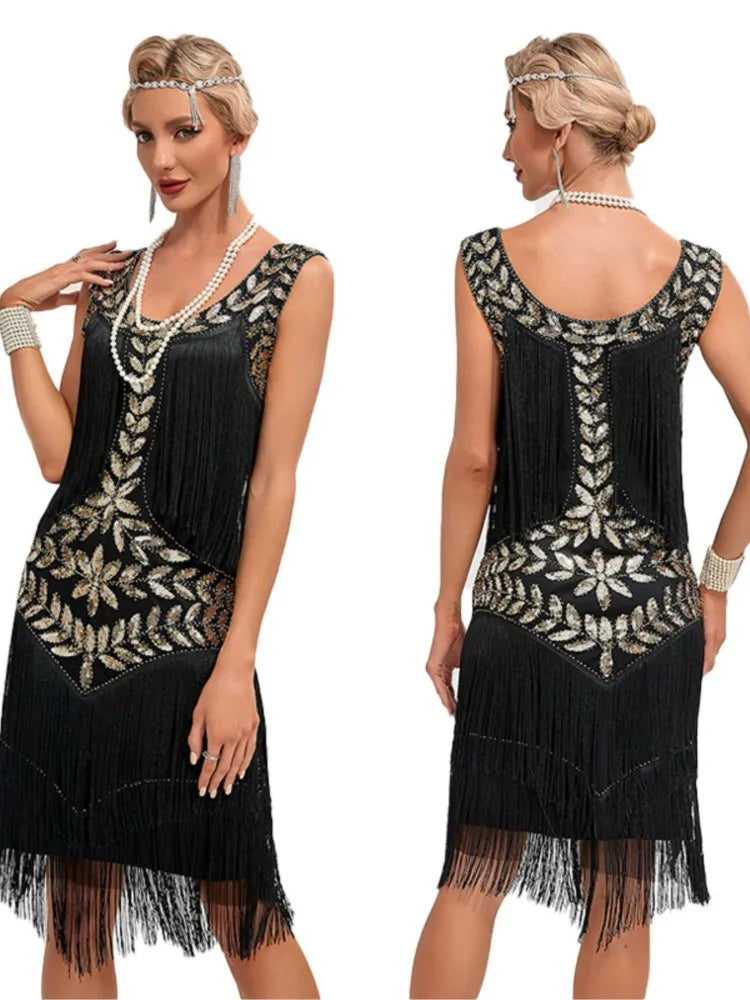 Sequined Beaded Embroidery O Neck Knee Length Dress for Women