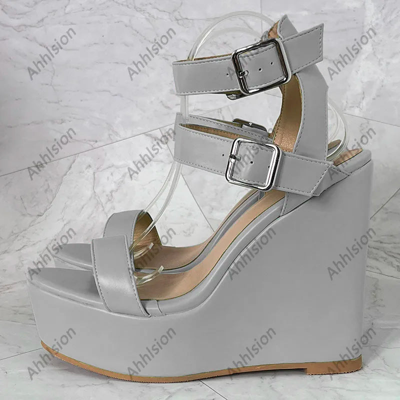 Yellow Open Toe Buckle Platform Wedge Sandals For Women