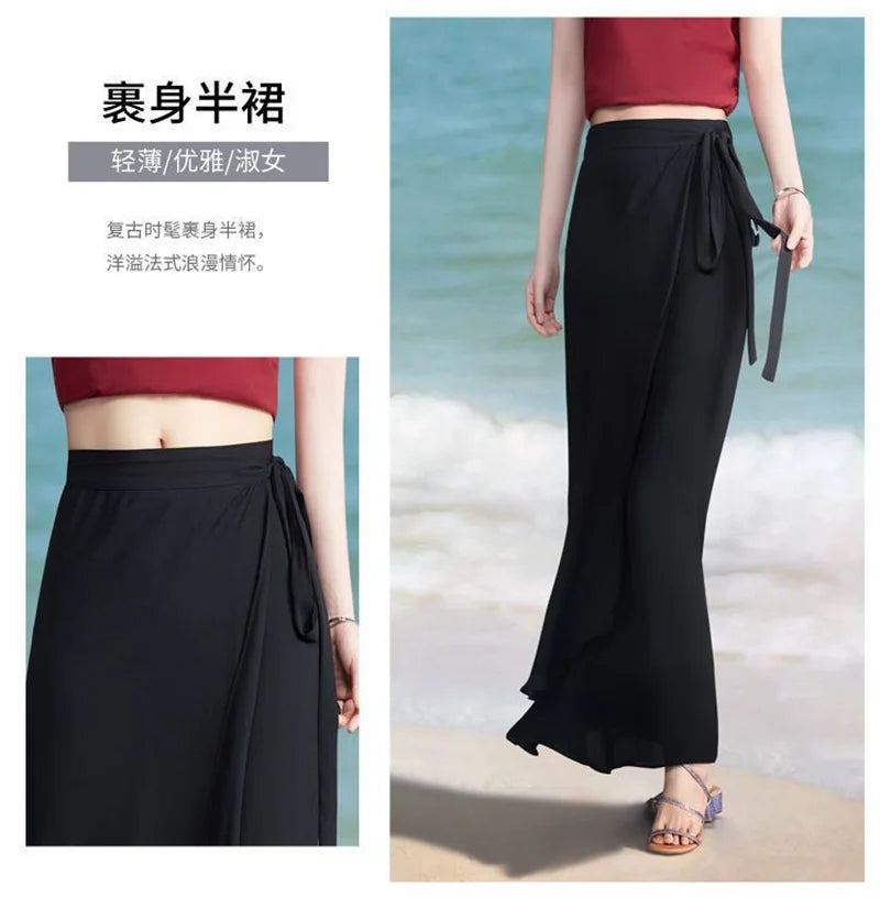 Lace-Up Summer Skirt Holiday style Chiffon Halfskin Skirt Women's 2023 Summer New Thin Dropping Long Wrapped Hip Skirt Khaki Bla